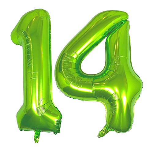 DIWULI Globos de Cumpleaños 14 Años Verde XXL - Globos Cumpleaños 14 Años Decoracion, Globo Numero 14, Globo 14 Años Cumpleaños Globos Gigantes Numeros Globos Grande, Helio Fiesta Niño Niña Boda