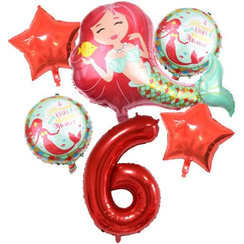 DIWULI Juego de Globos con Forma de Cola de Sirena, tamaño XXL, con Número 6, Color Rojo, para Cumpleaños de Niños y Niñas, Decoración para Fiestas Temáticas, Dulce, Estrella, Mar, Concha