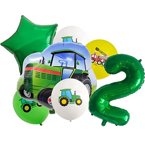 DIWULI Tractor Cumpleaños Decoración 2 Años Set - Globo Tractor Decoración, Número Globo Número 2 Globo Verde, Tractor Juguete Foil Globo Granjero Agricultura, 2º Cumpleaños Infantil Niño