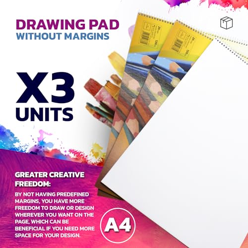 DOJA Barcelona | Blocs de Dibujo A4 Sin Margen | 20 Hojas | Pack 3 | Laminas Dibujo A4 Sin Margen | Block Dibujo A4 Sin Recuadro | Block Dibujo A4 Sin Marco para Artistas, Estudiantes y Creativos...