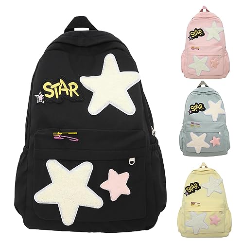 DRABEX Y2K Star Mochila para la escuela, mochila de viaje de senderismo Harajuku colorida de moda, mochila estética, Una bonita mochila unisex de gran capacidad. (Black)