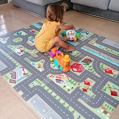 E EVENTUAL – Alfombra Vinilo Infantil de Juguete PVC – Alfombra Vinílica Infantil para Juegos de niños Antideslizante – Moqueta Circuito Impresa Lavable de Ciudad con Carreteras 150x100cm