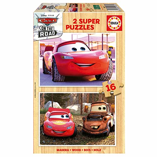 Educa - Set de 2 Puzzles Infantiles de Madera con 16 Piezas Cada uno | Cars. Medida aproximada una Vez montado: 26 x 18 cm. Compuesto por Grandes Piezas Perfectamente acabadas. +3 años (19670)