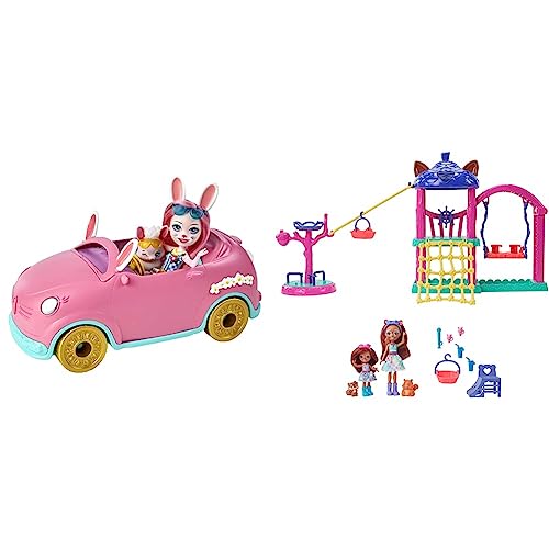 Enchantimals Bree Bunny y su Coche descapotable Muñeca con Coche Rosa de Juguete, Mascota Conejito y Accesorios (Mattel HCF85) & City Tails Parque de Juegos de Sabine y Seneca Squirrel Dos muñecas