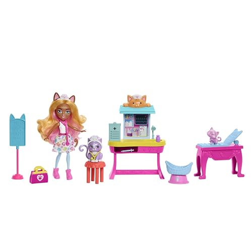 Enchantimals City Tails Main Street Clínica de Carlin Cat Muñeca doctora con mascota gato, set de juego y accesorios, juguete +4 años (Mattel HLH22)