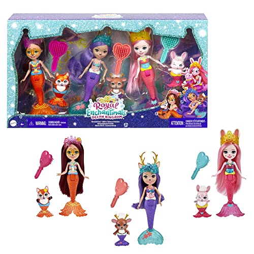 Enchantimals Pack 3 Sirenas Muñecas con Mascotas y Accesorios de Juguete, Regalo para niñas y niños +3 años (Mattel HCF87) & City Tails Familia de siamesas Muñecas Calista Cat y Sus Hermanas