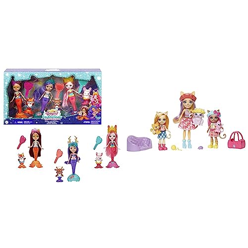 Enchantimals Pack 3 Sirenas Muñecas con Mascotas y Accesorios de Juguete, Regalo para niñas y niños +3 años (Mattel HCF87) & City Tails Familia de siamesas Muñecas Calista Cat y Sus Hermanas