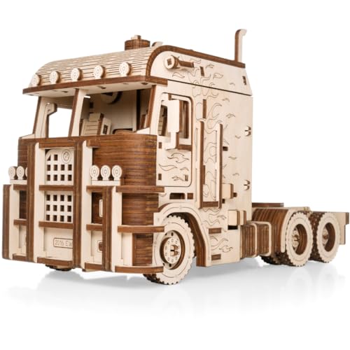 EWA Eco-Wood-Art- Modelo mecánico 3D el Camion Equipado con un Motor de Resorte de Metal de Cuerda y Ruedas Delanteras giratorias (Truck Road King)