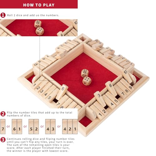 Fafaherr Dice Games Shut The Box Game, Close The Box Juego de Dados 2-4 Jugadores Juego de Dados de Madera con 2 Dados Juegos de Mesa Juguetes de Mesa para Adultos niños números 1-10