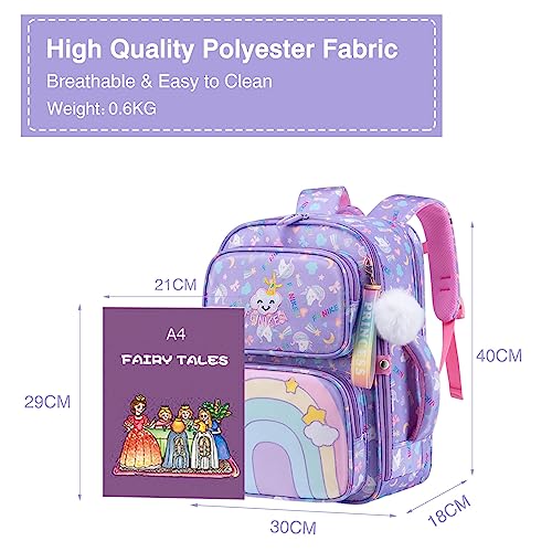 FANDARE Lindo Mochilas Infantiles Ultraligero Mochilas Escolares Mochilas Infantil Mochilas Tipo Casual Niñas Mochilas Escolares para Estudiante Primaria Mochila con Colgante de Felpa Púrpura