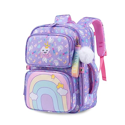 FANDARE Lindo Mochilas Infantiles Ultraligero Mochilas Escolares Mochilas Infantil Mochilas Tipo Casual Niñas Mochilas Escolares para Estudiante Primaria Mochila con Colgante de Felpa Púrpura