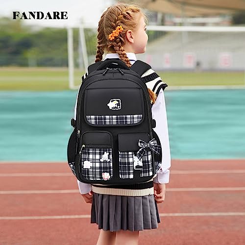 FANDARE Mochilas Infantiles Ultraligero Mochilas Escolares Luminoso Mochilas Infantil Mochilas Tipo Casual Niñas Mochilas Escolares para Estudiante Viaje con Colgante de Felpa & Linda Insignia Negro