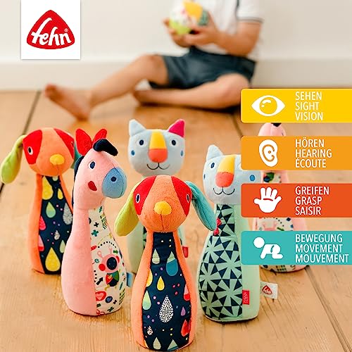 Fehn 055498 - Juego de bolos de material suave con diferentes sonidos, para bebés y niños pequeños a partir de 0 meses, tamaño: 23 cm x 9 cm de diámetro