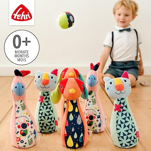 Fehn 055498 - Juego de bolos de material suave con diferentes sonidos, para bebés y niños pequeños a partir de 0 meses, tamaño: 23 cm x 9 cm de diámetro