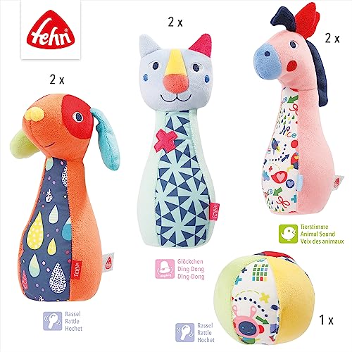 Fehn 055498 - Juego de bolos de material suave con diferentes sonidos, para bebés y niños pequeños a partir de 0 meses, tamaño: 23 cm x 9 cm de diámetro