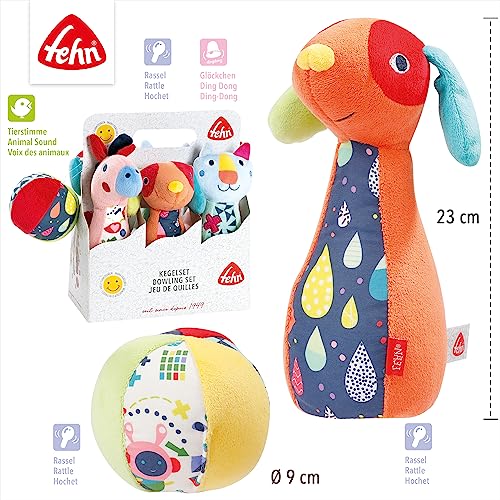 Fehn 055498 - Juego de bolos de material suave con diferentes sonidos, para bebés y niños pequeños a partir de 0 meses, tamaño: 23 cm x 9 cm de diámetro