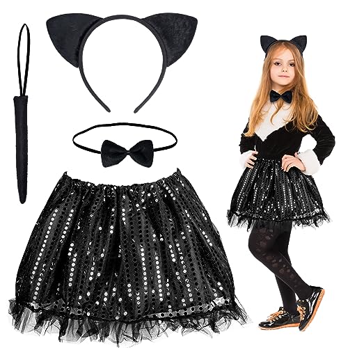 Fennoral 4pcs Gato Negro Disfraz Niña Disfraz de Gato para Niños Kit de Disfraz de Gato Gato Cosplay- Gato Orejas Diadema Papillon Cola Tutu-para Niña Halloween Imitación Fiesta Regalo