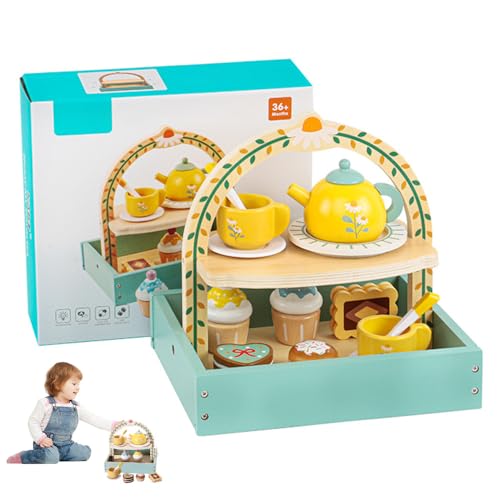 FENYW 14 Juego de té de Madera, Juego de té para niños, Juegos de Té Infantiles, Juego de Té Infantil, Madera Accesorios de Cocina Juguetes Regalo de Cumpleaños para Niñas Niño Bebé 1 2 3 4 5 6 Años