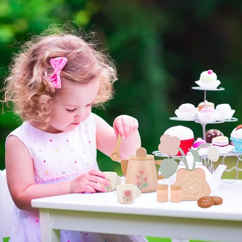 FENYW Juego de Té de Madera Infantil, Juegos de Té Infantil, Juego de té para Cocina Juego de té para niños, Juego de rol, Regalo de Cumpleaños para Niñas Niño Bebé 1 2 3 4 5 6 Años