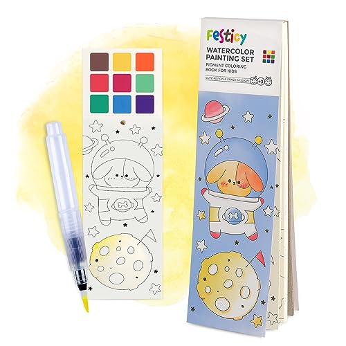 Festicy Libro único para colorear con acuarelas con pincel de tanque de agua I 25 Páginas de Acuarelas I Ideal para empleo de niños en viajes en coche y como regalos para cumpleaños y colegio