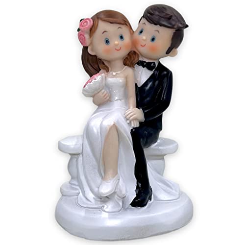 Figura para tarta de boda, pareja de novios, decoración para tartas, decoración para tarta de boda, decoración de boda (estilo cómic sentado en un banco)