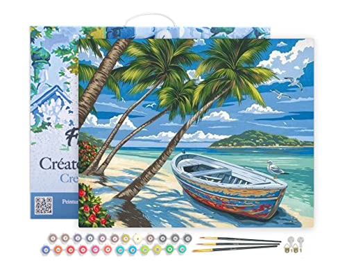 Figured'Art Pintar por Numeros Adultos con marco Barco Y Palmera En Una Playa - Manualidades pintura acrilica Kit Cuadro DIY completo - 40x50cm con bastidor montado
