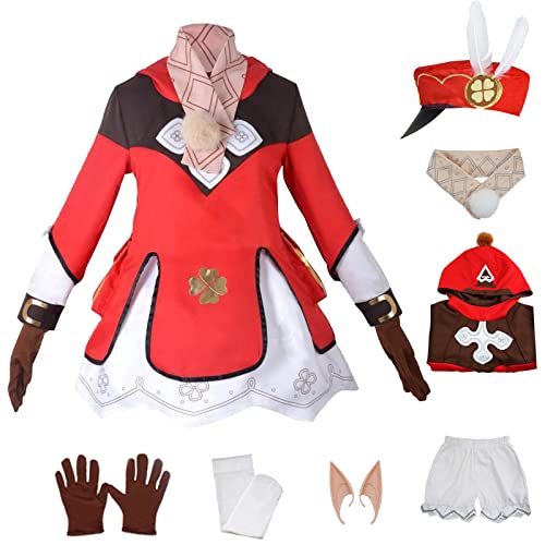 Firecos 7PCS Klee Disfraz Vestido Cosplay con Sombrero Top Shorts Guantes Bufanda Orejas de Elfo Calcetines Juego de Rol Conjunto Navidad Halloween Carnaval para Adulto (S)