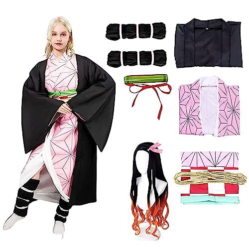 Firecos 9PCS Nezuko Disfraz Traje de Cosplay Kamado para Niñas Disfraces Anime Kimono con Peluca Regalo para Chicas para Carnaval Halloween Navidad (130)