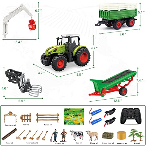 fisca Tractor de granja RC con remolque sembradoras de balas, 2,4 GHz, juego de granja 1:24 RC camión de granja con vaca, vallado, juguete agrícola para niños