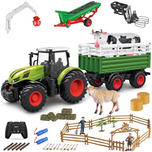 fisca Tractor de granja RC con remolque sembradoras de balas, 2,4 GHz, juego de granja 1:24 RC camión de granja con vaca, vallado, juguete agrícola para niños