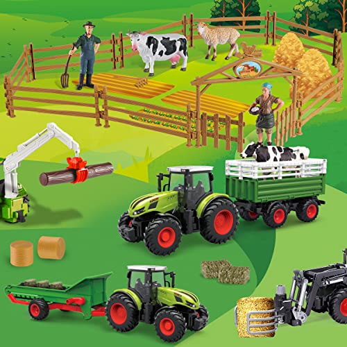 fisca Tractor de granja RC con remolque sembradoras de balas, 2,4 GHz, juego de granja 1:24 RC camión de granja con vaca, vallado, juguete agrícola para niños