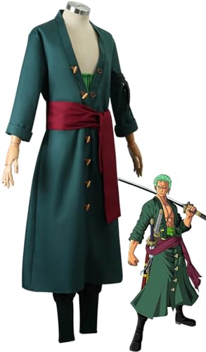 Foanja Disfraz de Zoro Hombre Halloween Cosplay Roronoa Zoro Anime Completa Uniforme y Hijab Pendientes para Adulto Carnaval Cumpleaños Fiestas Fancy Dress Costume Verde