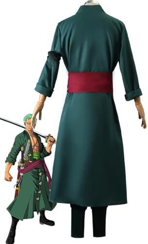 Foanja Disfraz de Zoro Hombre Halloween Cosplay Roronoa Zoro Anime Completa Uniforme y Hijab Pendientes para Adulto Carnaval Cumpleaños Fiestas Fancy Dress Costume Verde