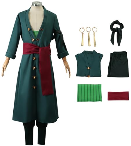 Foanja Disfraz de Zoro Hombre Halloween Cosplay Roronoa Zoro Anime Completa Uniforme y Hijab Pendientes para Adulto Carnaval Cumpleaños Fiestas Fancy Dress Costume Verde