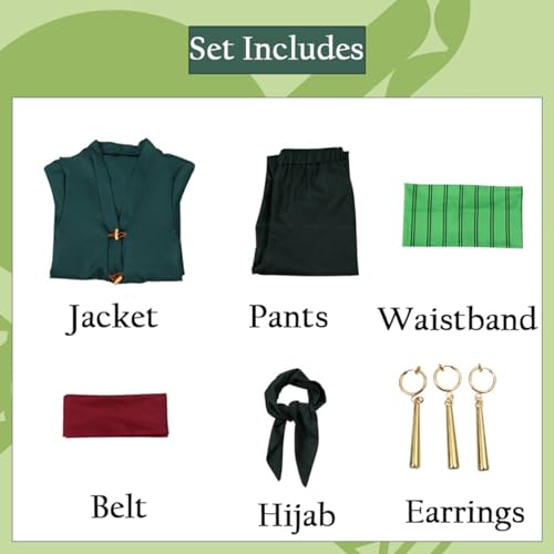 Foanja Disfraz de Zoro Hombre Halloween Cosplay Roronoa Zoro Anime Completa Uniforme y Hijab Pendientes para Adulto Carnaval Cumpleaños Fiestas Fancy Dress Costume Verde