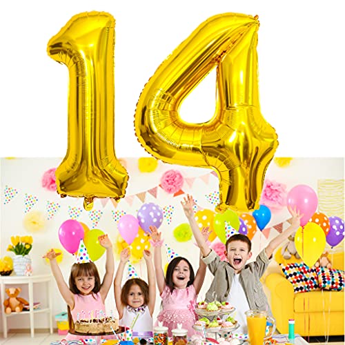 Foil Globo Número 14 Dorados Globo Número 14 Dorados 100cm Gigante Globos de Cumpleaños Numeros 14 Dorados Helio,deco 14 globo cumpleaños 14 años Decoración 14 Cumpleaños para Fiestas Niñas Niños