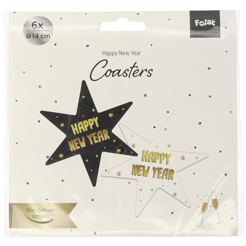 Folat B.V.- Folat 63754 Posavasos-BlackGold HNY-12 x 14 cm-6 Piezas-Nochevieja Decoracion Fin Oro Negro, Feliz año Nuevo, Happy New Year, Multicolor