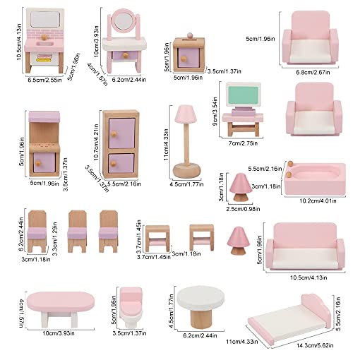 Foreverup Casa de muñecas mueble de madera, 22 piezas, muebles para casa de muñecas, set de madera, muebles de muñecas de madera, incluido cuarto de baño, dormitorio para niños, casa de muñecas