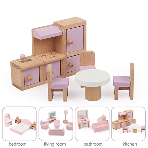 Foreverup Casa de muñecas mueble de madera, 22 piezas, muebles para casa de muñecas, set de madera, muebles de muñecas de madera, incluido cuarto de baño, dormitorio para niños, casa de muñecas