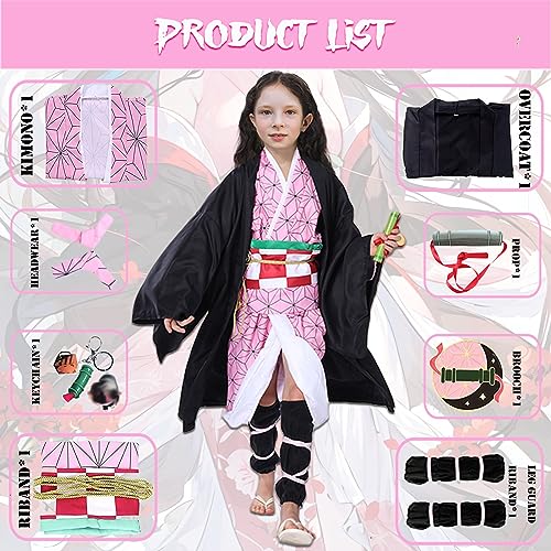 Formemory Disfraz de cosplay Kamado Nezuko, 8 Piezas Traje de Matadora de Demonios de Anime Japonés, Kimetsu no Yaiba nezuko Kimono Disfraces de Halloween para Niños y Adultos