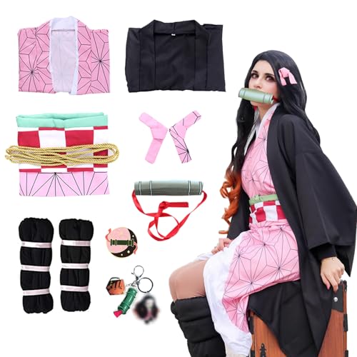 Formemory Disfraz de cosplay Kamado Nezuko, 8 Piezas Traje de Matadora de Demonios de Anime Japonés, Kimetsu no Yaiba nezuko Kimono Disfraces de Halloween para Niños y Adultos