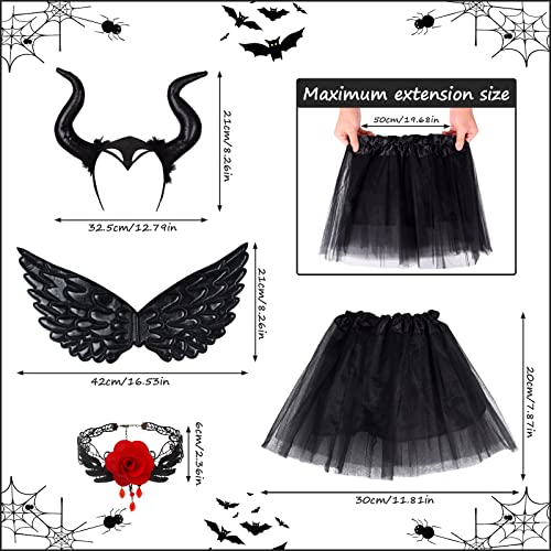 FORMIZON 4pcs Disfraz de Diablo para Niñas, Juego Diadema Disfraz Diablo, Cuernos Malefica, Diadema Tutú, Alas Negro, Diadema Cuernos Niña Disfraces para Fiestas Temáticas Carnaval Cosplay Halloween