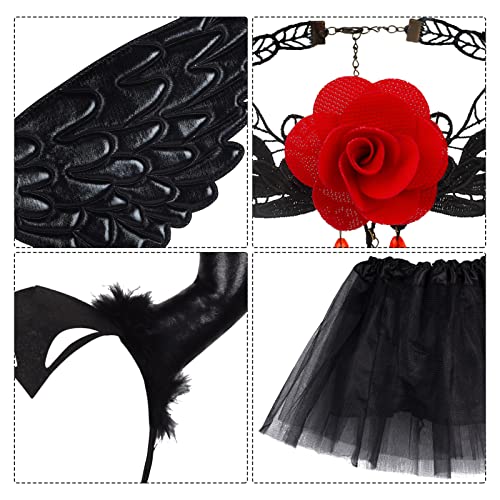 FORMIZON 4pcs Disfraz de Diablo para Niñas, Juego Diadema Disfraz Diablo, Cuernos Malefica, Diadema Tutú, Alas Negro, Diadema Cuernos Niña Disfraces para Fiestas Temáticas Carnaval Cosplay Halloween