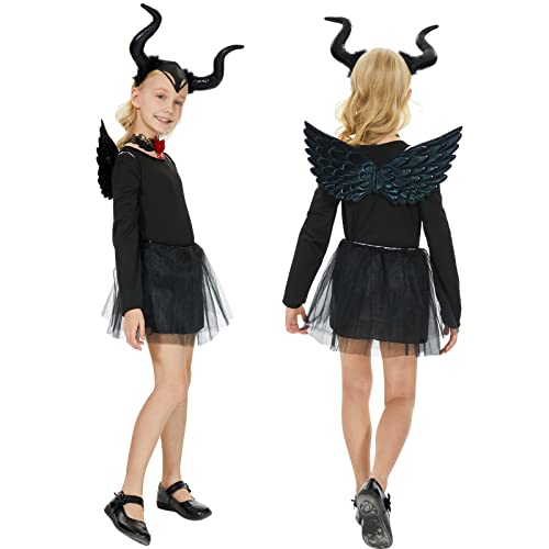 FORMIZON 4pcs Disfraz de Diablo para Niñas, Juego Diadema Disfraz Diablo, Cuernos Malefica, Diadema Tutú, Alas Negro, Diadema Cuernos Niña Disfraces para Fiestas Temáticas Carnaval Cosplay Halloween