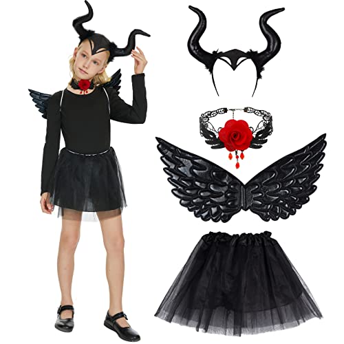 FORMIZON 4pcs Disfraz de Diablo para Niñas, Juego Diadema Disfraz Diablo, Cuernos Malefica, Diadema Tutú, Alas Negro, Diadema Cuernos Niña Disfraces para Fiestas Temáticas Carnaval Cosplay Halloween