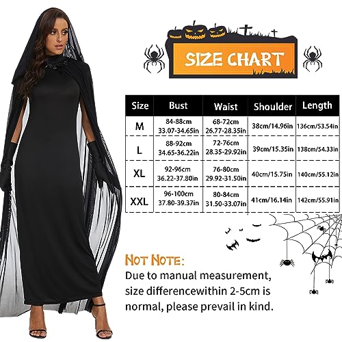 FORMIZON Disfraz de Halloween Mujer, Vestido Negro Halloween Capa con Capuch, Disfraz de Bruja Mujer, Vestido Vampiro Zombie Carnaval, Novia Cosplay Disfraces para Fiesta Halloween Carnaval (XXL)