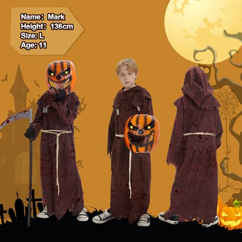 FORMIZON Disfraz de Parca Calabaza Halloween para Niños, Disfraz de Muerte Calabaza Aterrador con Máscara de Calabaza Malvada, Guadaña Mortal y Guantes Negros, Disfraz Parca Niño, Cosplay(M)