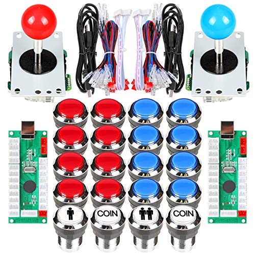 Fosiya 2 Jugador Arcade Joystick LED Chrome Botones de Arranque para PC MAME Frambuesa Pi Video Juegos Arcade Gabinete de Piezas (Rojo Azul)