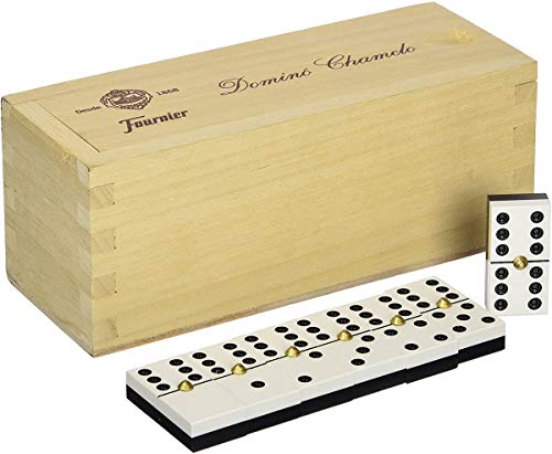 Fournier - Domino Chamelo Celuloide Caja Madera, Color Marrón (F06573) + Accesorios Parchis (4 Jugadores) (F06513)