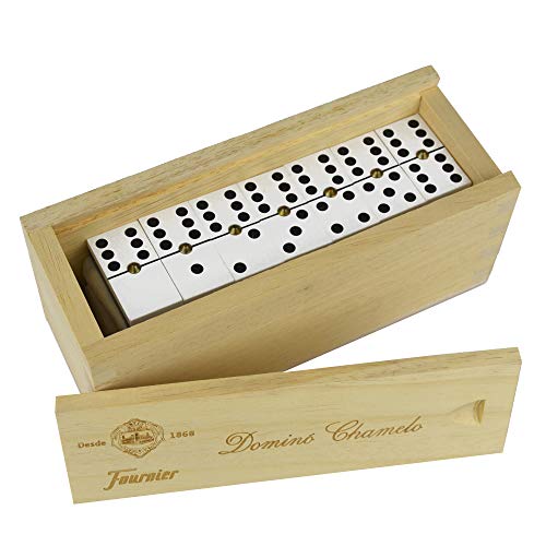 Fournier - Domino Chamelo Celuloide Caja Madera, Color Marrón (F06573) + Accesorios Parchis (4 Jugadores) (F06513)